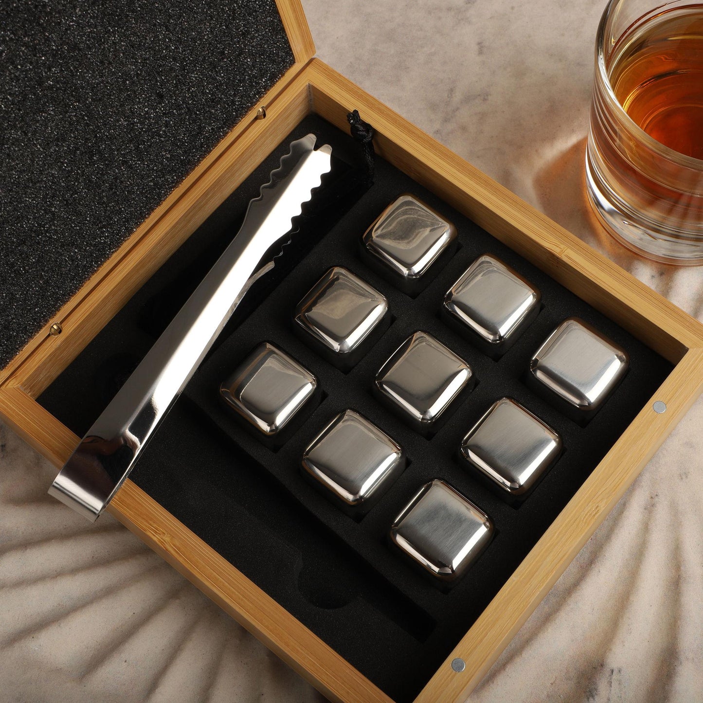 Stainless Steel Whiskey Stones Ice Cubes Set with Tongs & Storage Box Reusabley
