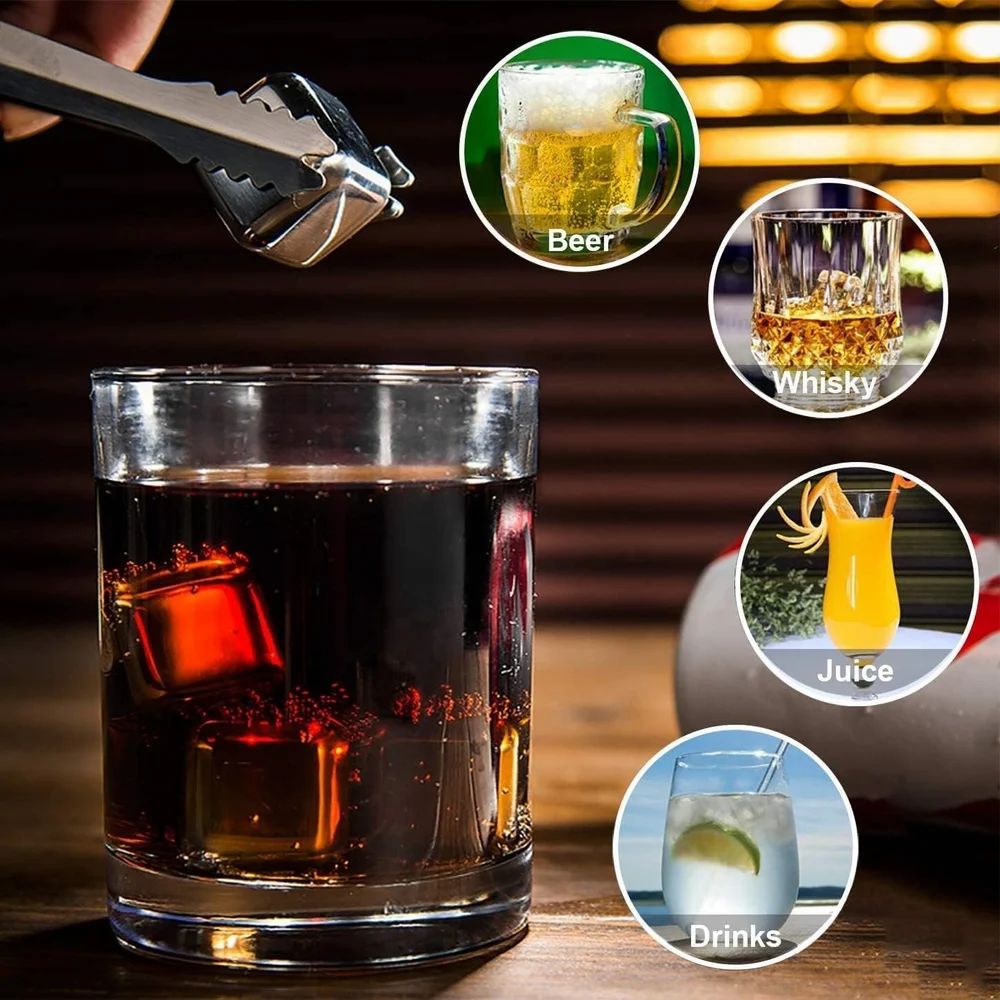 Stainless Steel Whiskey Stones Ice Cubes Set with Tongs & Storage Box Reusabley